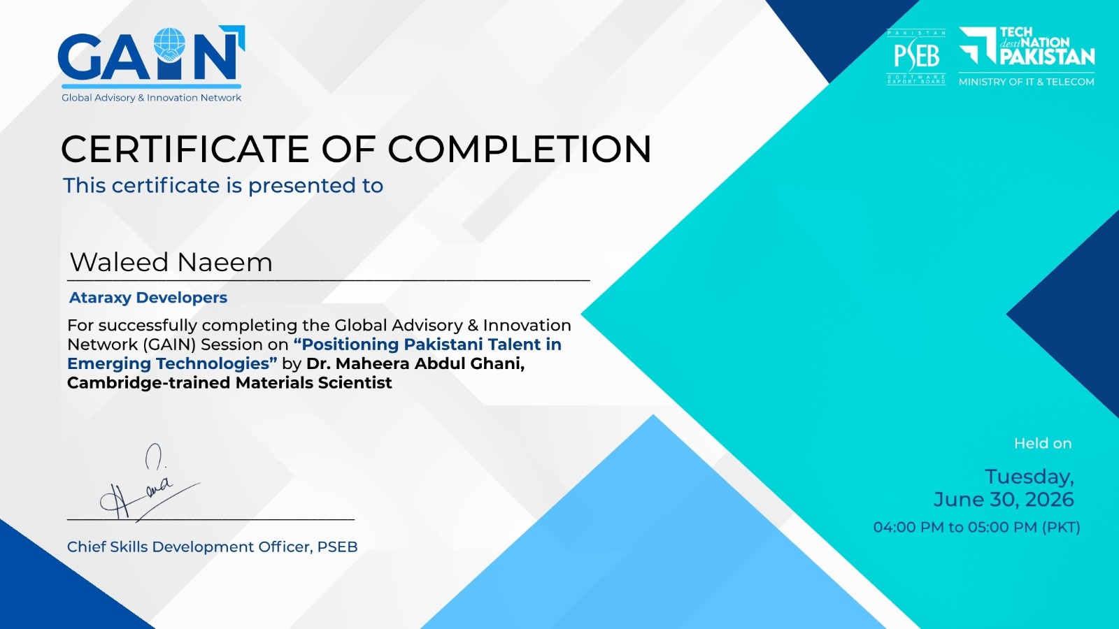 PSEB GAIN Initiative Certificate of Completion
