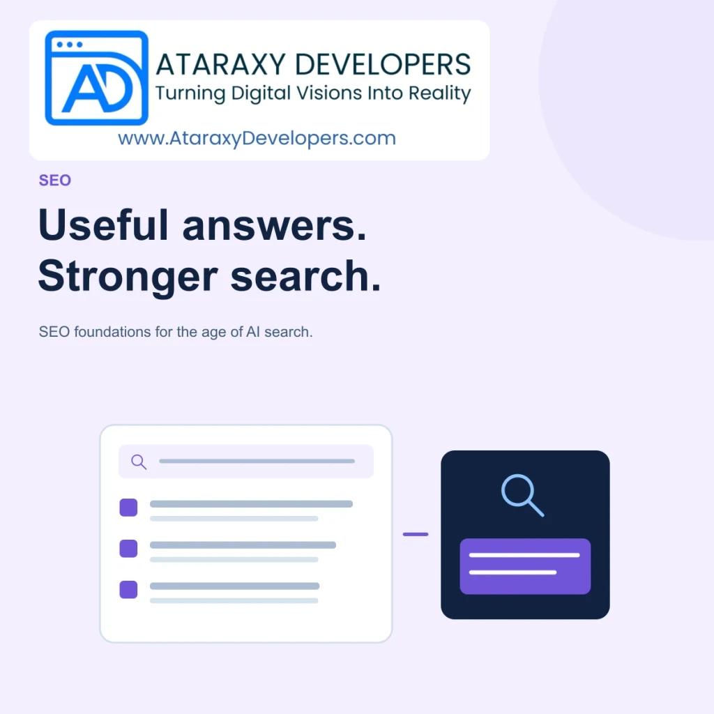 SEO for AI Search: A Practical Guide for Service Businesses — Ataraxy Developers editorial illustration.