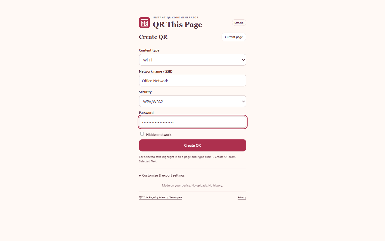 Wi-Fi form with local sample credentials