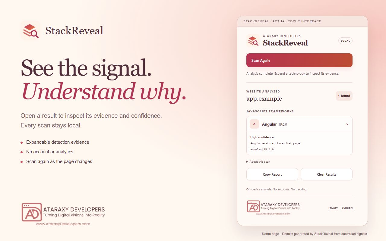 StackReveal evidence panel with a framework version signal
