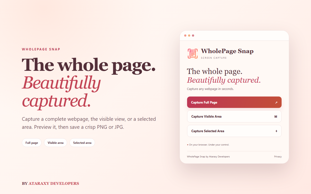 WholePage Snap popup showing full page, visible area, and selected area capture options