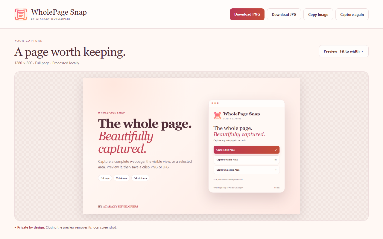 WholePage Snap preview screen with PNG, JPG, and clipboard export actions