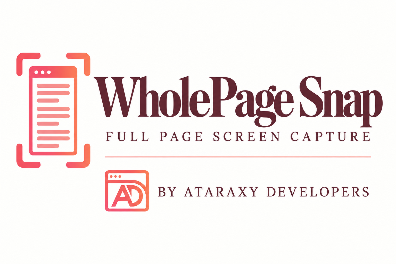 WholePage Snap — Full Page Screen Capture, by Ataraxy Developers. Coral capture icon and matching Ataraxy AD logo.